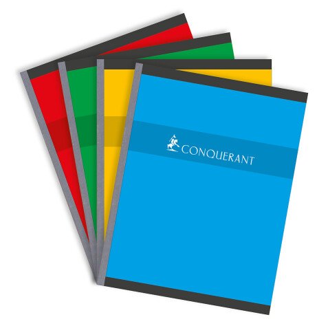 Cahier Conquerant 17x22cm grands carreaux seyès 288 pages brochées couverture carte coloris assortis