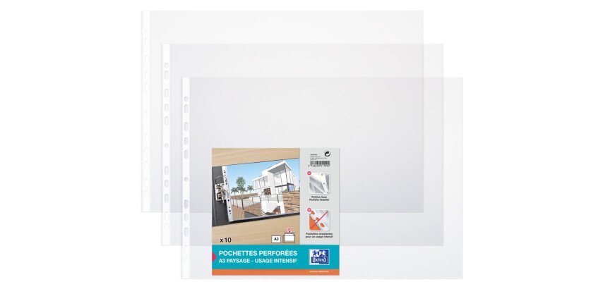 Sachet de 10 Pochettes perforées Oxford A3 paysage PVC lisse épaisseur 9/100ème incolore
