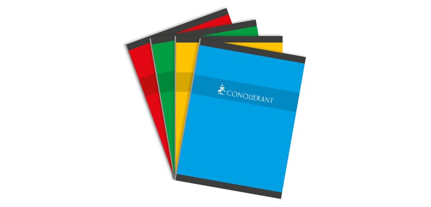 Cahier Conquérant 24x32cm petits carreaux 5mm 192 pages brochées couverture carte coloris assortis