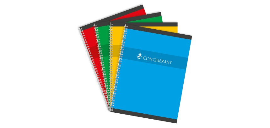 Cahier Conquerant 24x32cm grands carreaux seyès 100 pages reliure spirale couverture carte coloris assortis