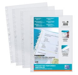 Sachet de 10 pochettes perforées Oxford variozip a4 polypro lisse épaisseur 7/100ème incolore
