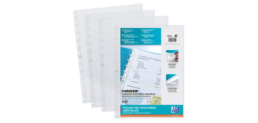 Sachet de 10 Pochettes perforées Oxford Variozip A4 polypro lisse épaisseur 7/100ème incolore