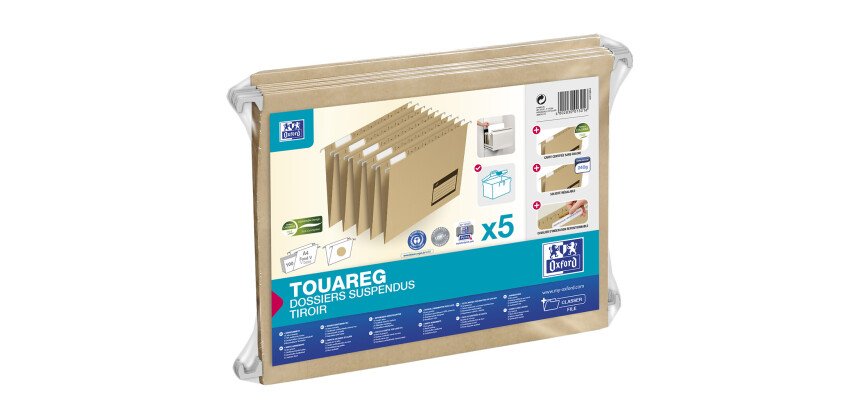 Lot 5 dossiers suspendus tiroir Oxford Touareg A4 capacité 100 feuilles carte recyclée beige naturel