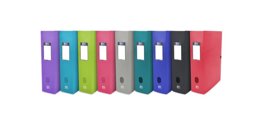 Boîte Oxford grande capacité osmose 24x32 dos 80mm avec bouton pression couverture polypro coloris assortis