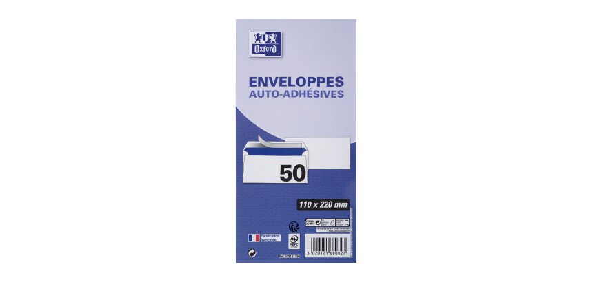 Lot 50 enveloppes Oxford 110x220  auto adhesive - blanc