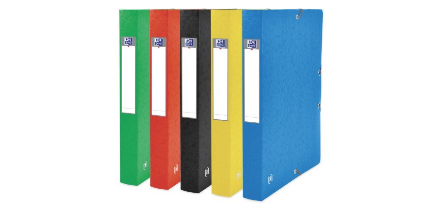 Boîte Oxford capacité standard top file+ 24x32cm dos 40mm avec élastique couverture carte coloris assortis