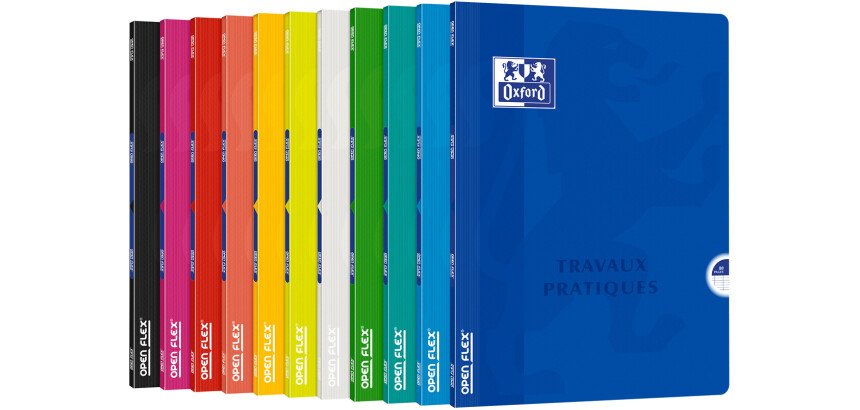 Cahier Oxford de travaux pratiques OpenFlex 24x32cm grands carreaux Seyès/uni blanc 80 pages agrafées couverture polypro coloris assortis