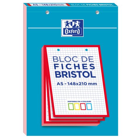 Bloc de fiches bristol, A5, quadrillé, blanc / bleu