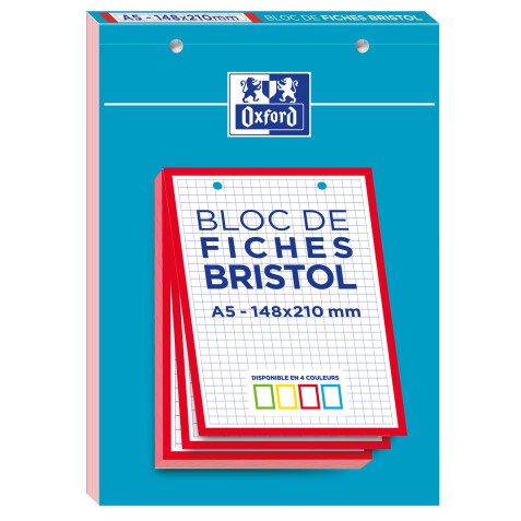 Bloc de fiches bristol Oxford 2.0 a5 petits carreaux 5mm 30 fiches collées bords rouges