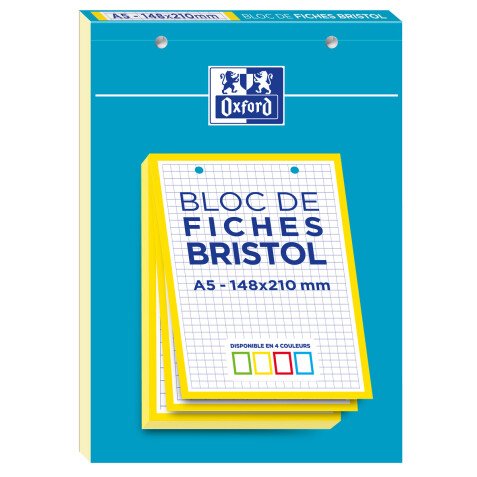 Bloc de fiches bristol Oxford 2.0 a5 petits carreaux 5mm 30 fiches collées bords jaunes