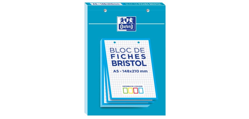 Bloc de fiches bristol Oxford 2.0 A5 petits carreaux 5mm 30 fiches collées