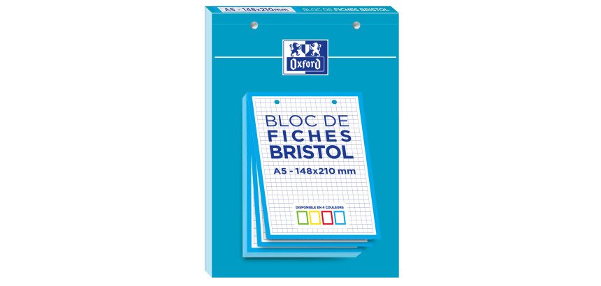 Bloc de fiches bristol Oxford 2.0 a5 petits carreaux 5mm 30 fiches collées bords bleus