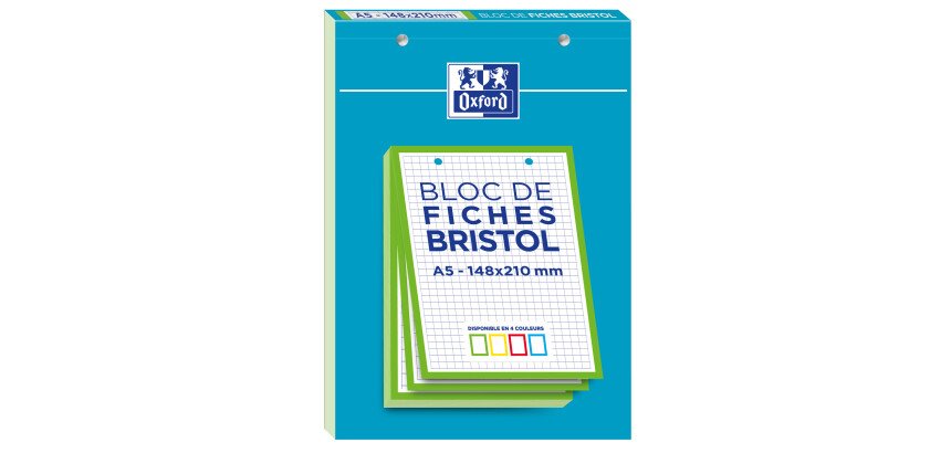 Bloc de fiches bristol Oxford 2.0 A5 petits carreaux 5mm 30 fiches collées bords verts