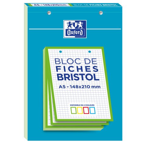 Bloc de fiches bristol Oxford 2.0 a5 petits carreaux 5mm 30 fiches collées bords verts