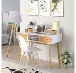 Lampadaire trépied en bambou Unilux avec abat jours en tissu tooka bambou et blanc