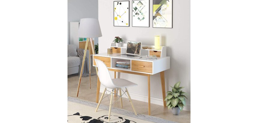 Lampadaire trépied en bambou Unilux avec abat jours en tissu tooka bambou et blanc