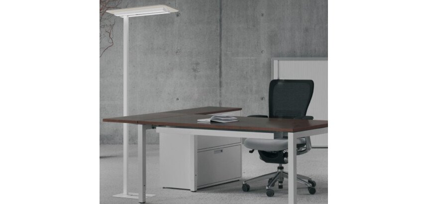 Lampadaire led Unilux double éclairage ergonomique écologique avec panneau acoustique en pet recyclé nexus blanc beige