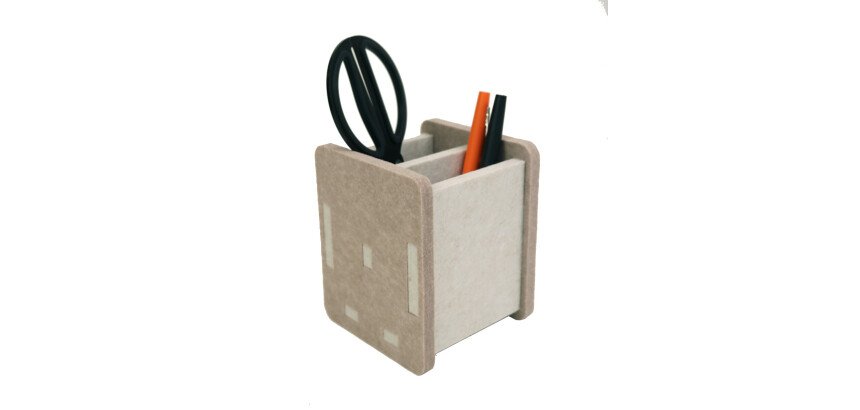 Pot a crayons écologique Unilux en pet recyclé kube blanc / beige 10cm x10cmx10cm