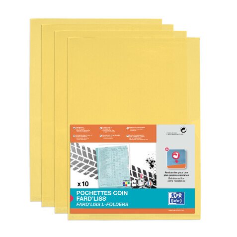 Sachet de 10 pochettes-coin Oxford fard'liss a4 pvc lisse épaisseur 20/100ème jaune