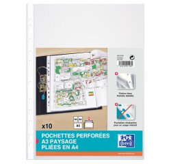 Sachet de 10 pochettes perforées Oxford a3 paysage plié en a4 pvc lisse épaisseur 9/100ème incolore