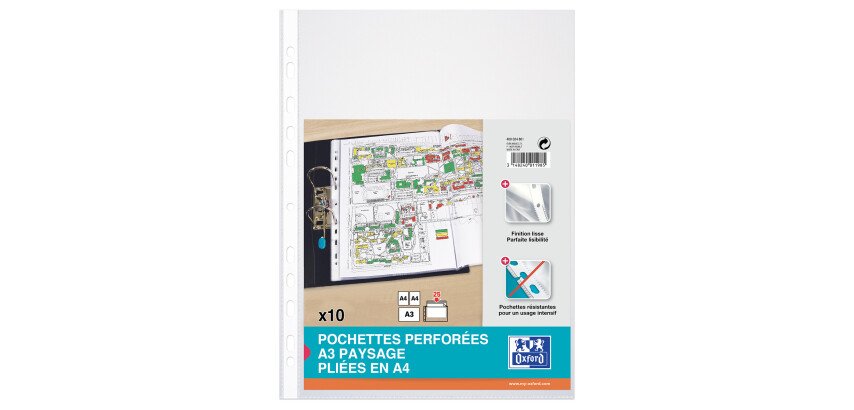 Sachet de 10 Pochettes perforées Oxford A3 paysage plié en A4 PVC lisse épaisseur 9/100ème incolore