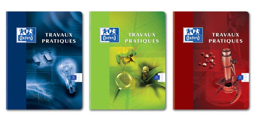 Cahier Oxford de travaux pratiques 17x22cm grands carreaux Seyès/uni blanc 96 pages agrafées couverture carte coloris assortis