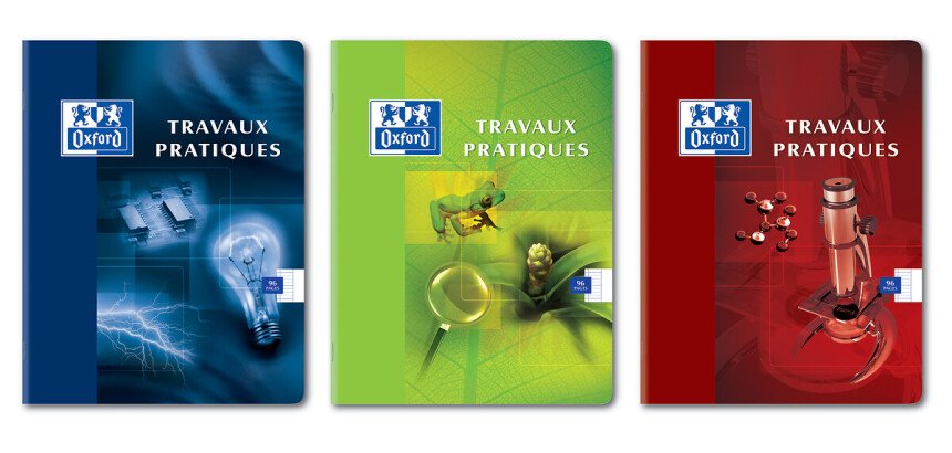 Cahier Oxford de travaux pratiques 17x22cm grands carreaux seyès/uni blanc 96 pages agrafées couverture carte coloris assortis