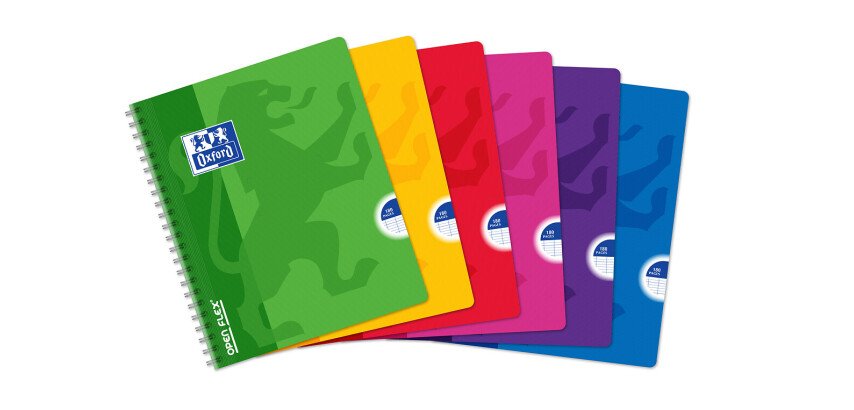 Cahier Oxford OpenFlex 17x22cm grands carreaux Seyès 180 pages reliure spirale couverture polypro coloris assortis