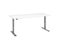 Büro-Sitz-Steh-Schreibtisch Ecla Ergo elektrisch höhenverstellbar mit grauem Aluminiumgestell.