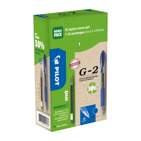 Pack de 12 bolígrafos roller G2 Pilot + 12 recargas, 6 gratis azul