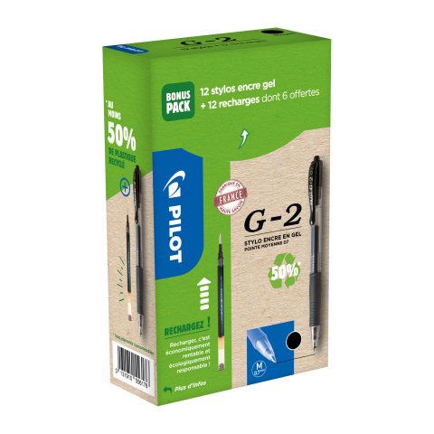 Pack de 12 bolígrafos roller G2 Pilot + 12 recargas, 6 gratis negro