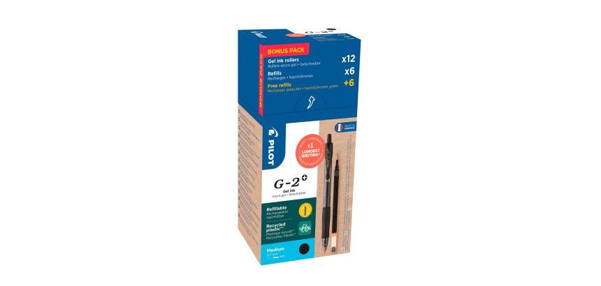 Pack de 12 stylos roller G2 Pilot + 12 recharges dont 6 offertes