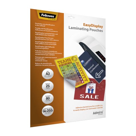 Box of 25 laminating pouches adhesive back A3 2 x 80 µ glossy Fellowes