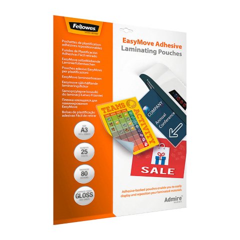 Paquete de 25 fundas de plastificación con reverso adhesivo A3, 2 x 80 µ, Fellowes Glossy