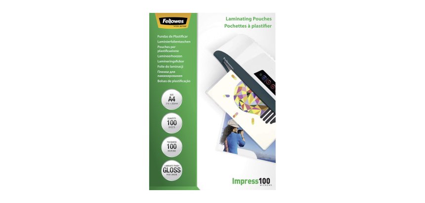 Boite de 100 pochettes de plastification A4 2 x 100 µ brillantes Fellowes