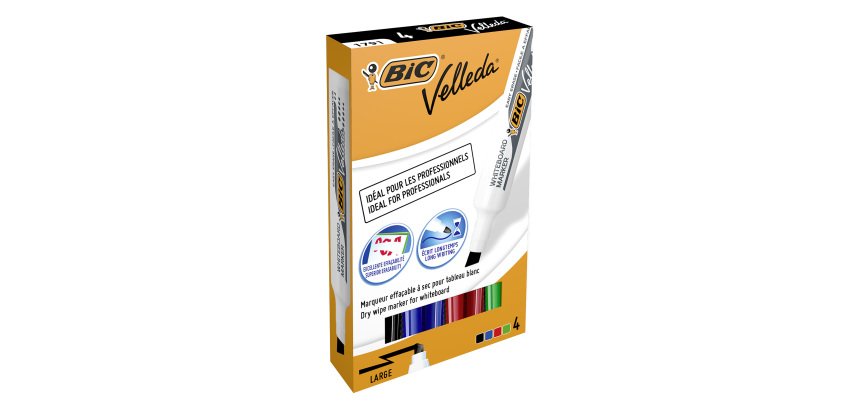 Marqueur effaçable Bic Velleda 1791 pointe biseautée de 3,3 à 4,6 mm - Pochette de 4 couleurs assorties