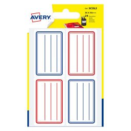 Zelfklevend schooletiket 36 x 56 mm Avery - wit met rode en blauwe lijnen - hoesje van 24