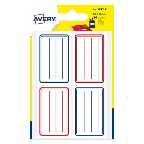 Zelfklevend schooletiket 36 x 56 mm Avery - wit met rode en blauwe lijnen - hoesje van 24