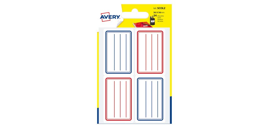 Etiquettes adhésives scolaires 36 x 56 mm Avery - Blanc lignes bleues et rouges - Pochette de 24