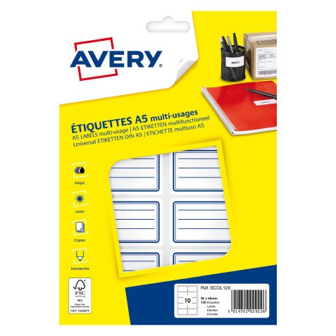 Zelfklevend schooletiket 36 x 56 mm Avery - wit met blauwe lijnen - hoesje van 120