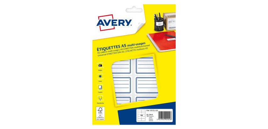 Etiquette adhésive scolaire 36 x 56 mm Avery - Blanc lignes bleues - Pochette de 120