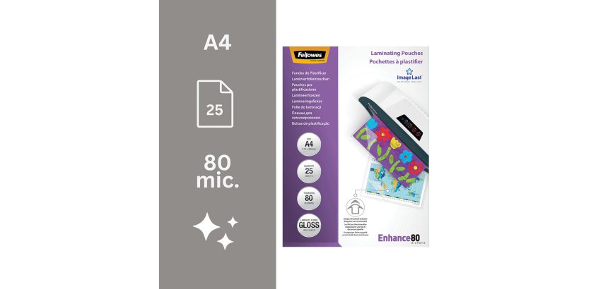Pochettes de plastification Fellowes A4 2 x 80 µ brillantes - Boite de 25