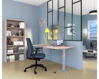 Büro-Sitz-Steh-Schreibtisch Ecla Ergo elektrisch höhenverstellbar mit grauem Aluminiumgestell.