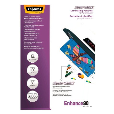 Pochettes de plastification Fellowes SuperQuick A4 2 x 80 µ brillantes - Boite de 100