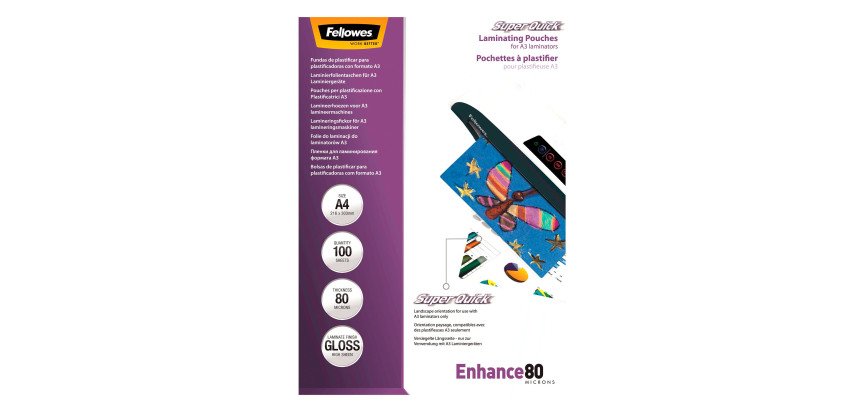 Pochettes de plastification Fellowes SuperQuick A4 2 x 80 µ brillantes - Boite de 100