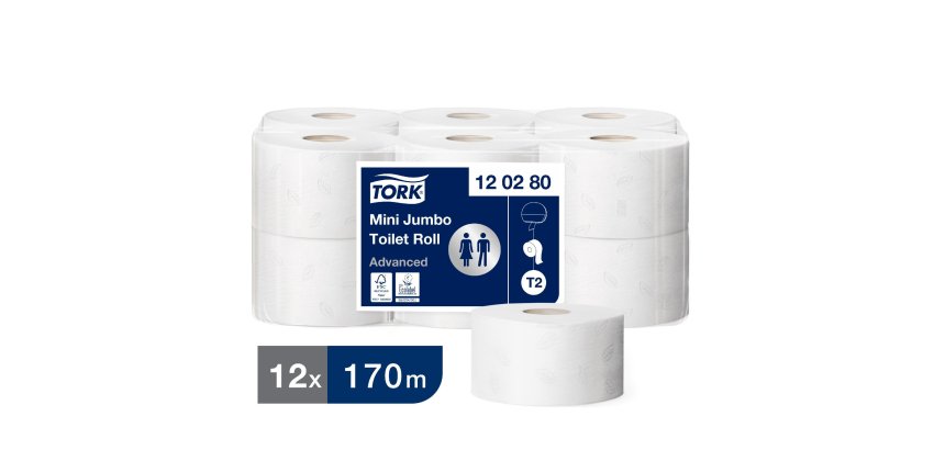 Papier toilette Mini Jumbo double épaisseur Tork T2 Advanced - 12 rouleaux de 170 m