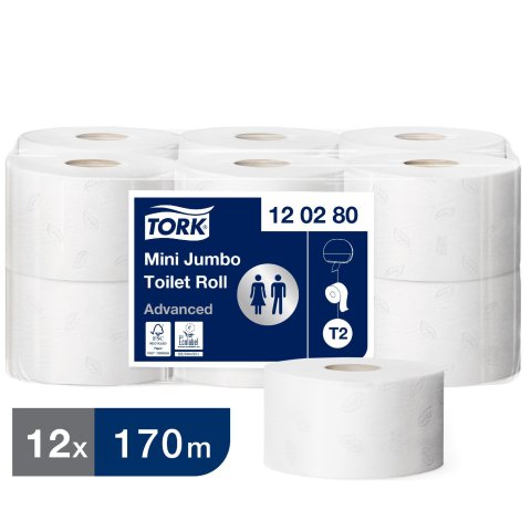 Papel higiénico Mini Jumbo de doble capa Tork T2 Advanced - 12 rollos de 170 m