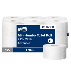 Toilet paper Mini Jumbo double thickness Tork T2 Advanced - Pack of 12 rolls 170 m