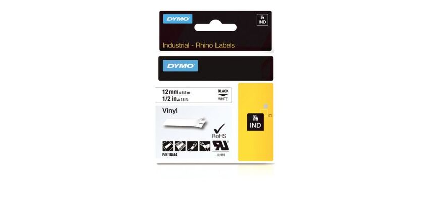 Vinylband Dymo Rhino 12 mm 18444 weiß mit schwarzer Bedruckung