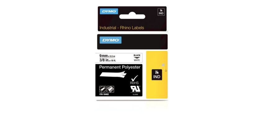 Band aus Polyester Dymo Rhino 9 mm 18482 weiß mit schwarzer Bedruckung